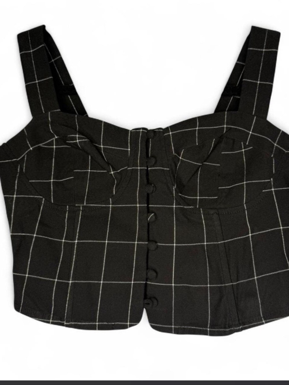 NWT Forever 21 Black Windowpane Button-Front Crop Top. Size Small. - Picture 2 of 5